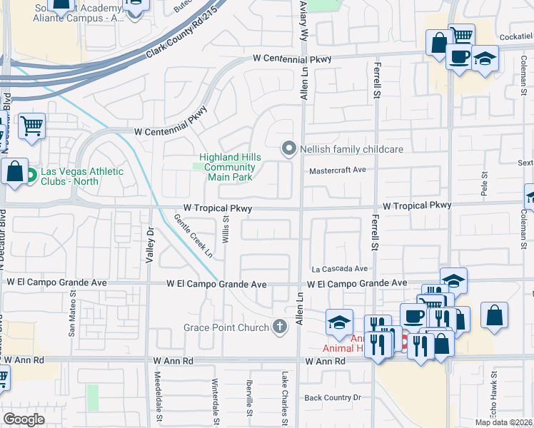 map of restaurants, bars, coffee shops, grocery stores, and more near 3810 Shimmering Creek Avenue in North Las Vegas