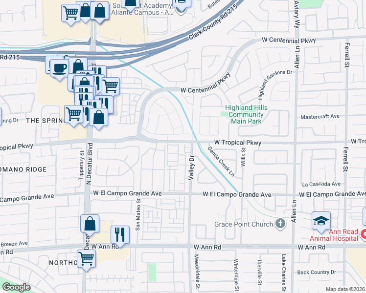 map of restaurants, bars, coffee shops, grocery stores, and more near 5855 Valley Drive in North Las Vegas
