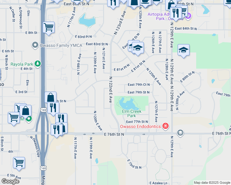 map of restaurants, bars, coffee shops, grocery stores, and more near 12202 East 79th Street North in Owasso