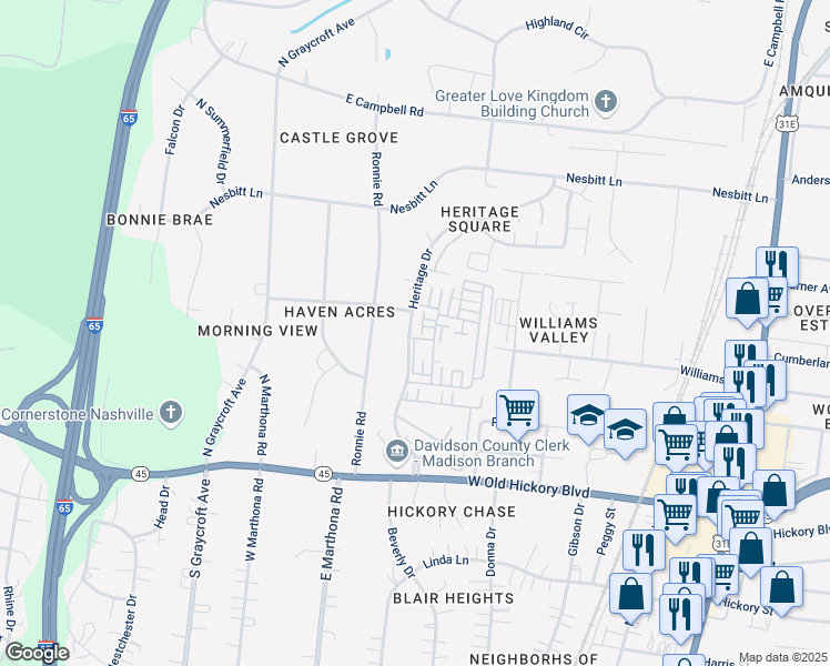 map of restaurants, bars, coffee shops, grocery stores, and more near 1003 Heritage Drive in Nashville