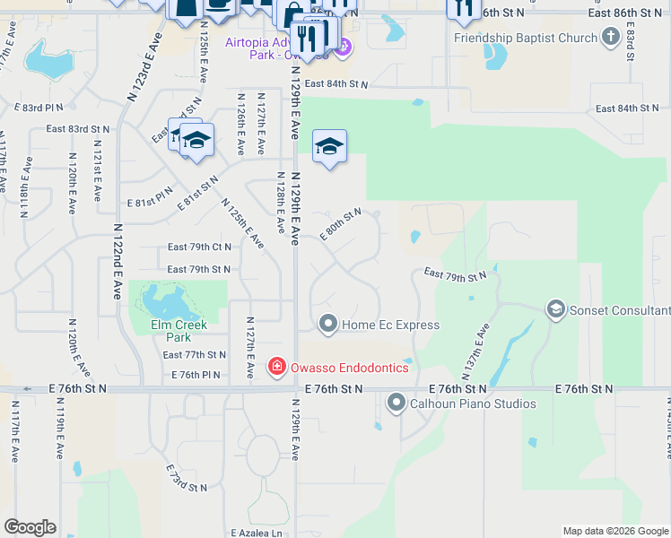 map of restaurants, bars, coffee shops, grocery stores, and more near 13102 East 78th Street North in Owasso