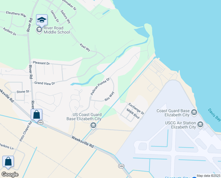 map of restaurants, bars, coffee shops, grocery stores, and more near 217 Ibis Way in Elizabeth City