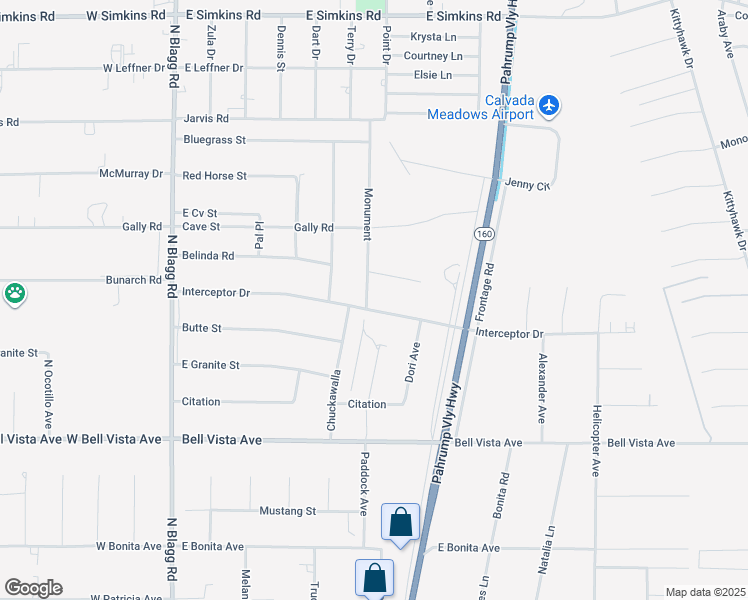 map of restaurants, bars, coffee shops, grocery stores, and more near 460 Interceptor Drive in Pahrump