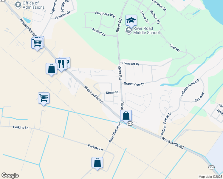 map of restaurants, bars, coffee shops, grocery stores, and more near Stone Street in Elizabeth City