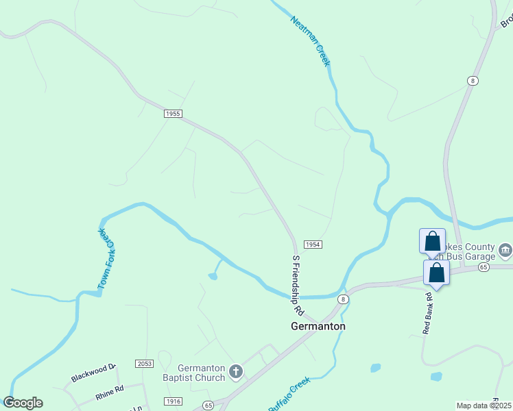 map of restaurants, bars, coffee shops, grocery stores, and more near 3602 South Friendship Road in Germanton
