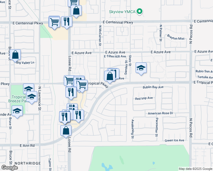map of restaurants, bars, coffee shops, grocery stores, and more near 2500 East Tropical Parkway in North Las Vegas