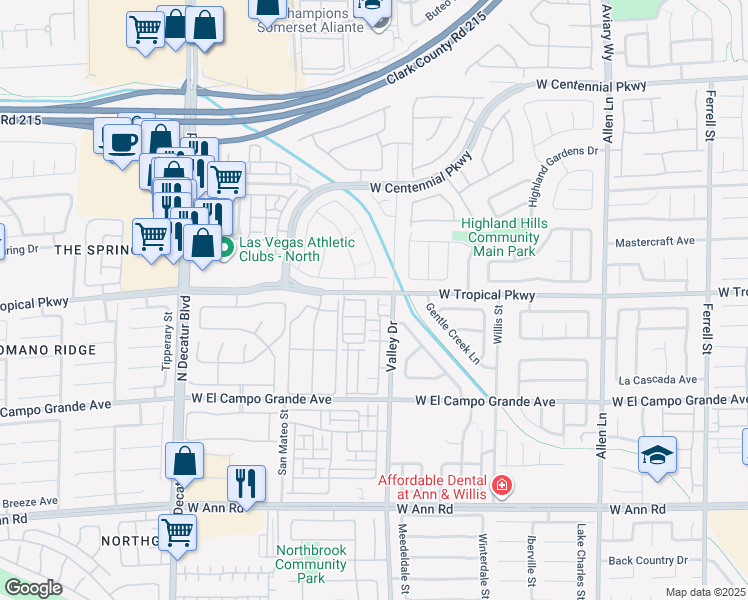 map of restaurants, bars, coffee shops, grocery stores, and more near 5 Valley Drive in North Las Vegas