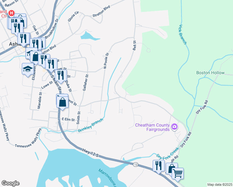 map of restaurants, bars, coffee shops, grocery stores, and more near 129 Forrest Street in Ashland City