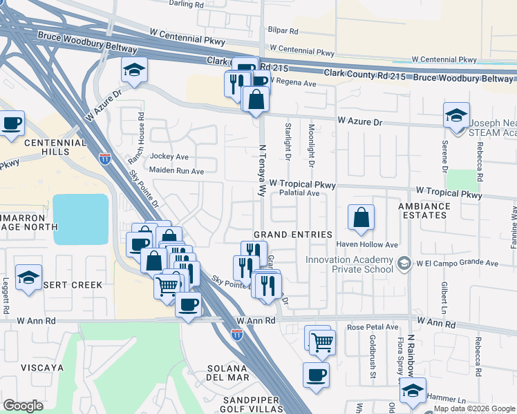 map of restaurants, bars, coffee shops, grocery stores, and more near 7254 Gold Find Court in Las Vegas