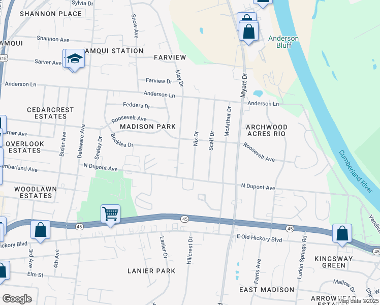 map of restaurants, bars, coffee shops, grocery stores, and more near 211 Nix Drive in Nashville