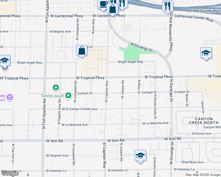map of restaurants, bars, coffee shops, grocery stores, and more near 5930 North El Capitan Way in Las Vegas