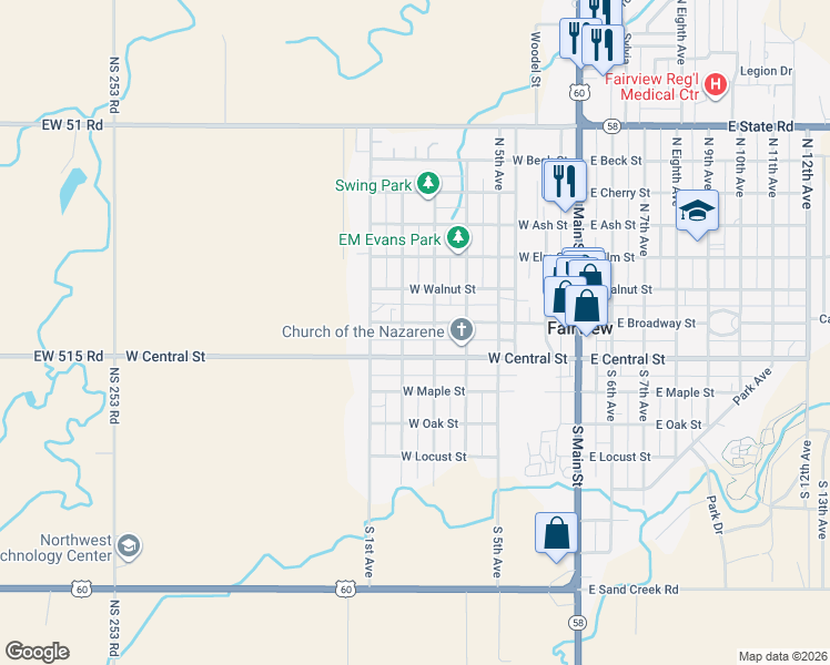 map of restaurants, bars, coffee shops, grocery stores, and more near 500 West Central Street in Fairview