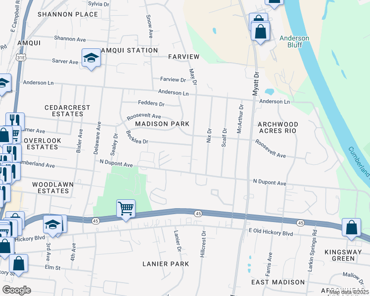 map of restaurants, bars, coffee shops, grocery stores, and more near 189 Becklea Drive in Nashville