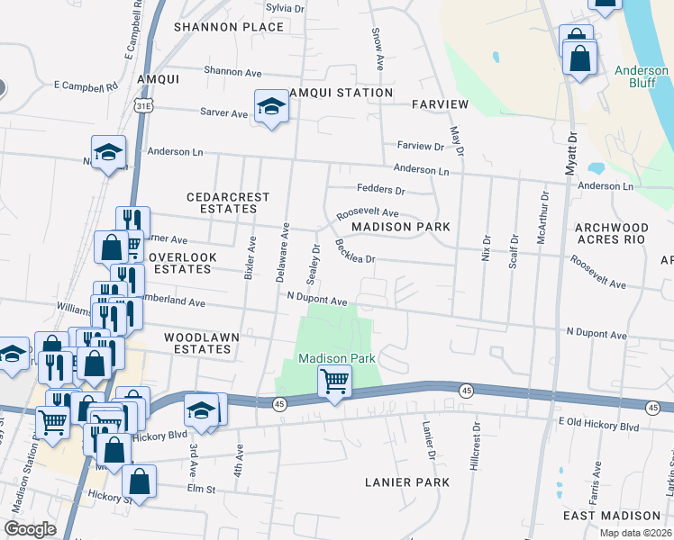 map of restaurants, bars, coffee shops, grocery stores, and more near 555 North Dupont Avenue in Nashville