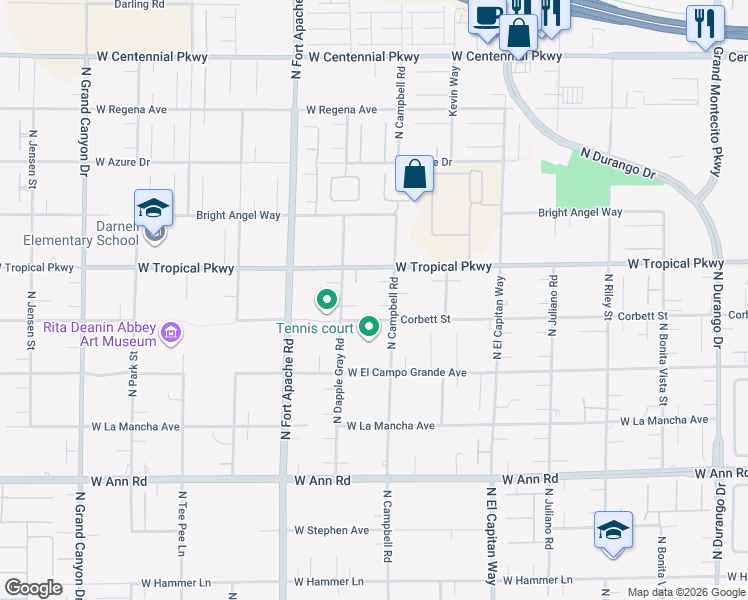 map of restaurants, bars, coffee shops, grocery stores, and more near 5915 North Campbell Road in Las Vegas