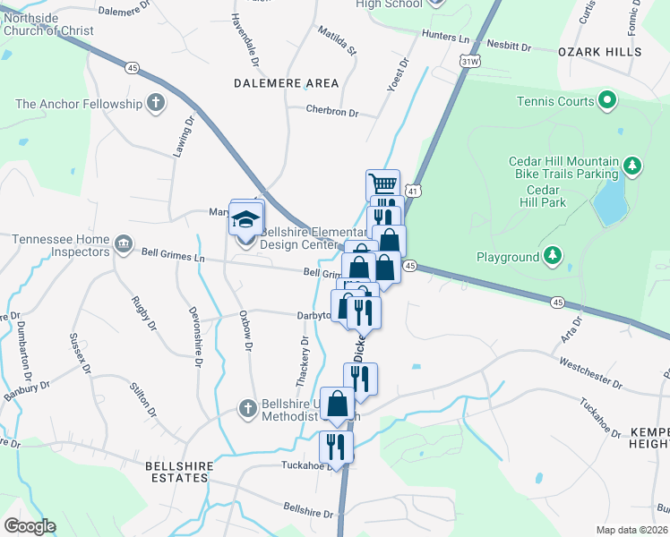 map of restaurants, bars, coffee shops, grocery stores, and more near 1109 Bell Grimes Lane in Nashville