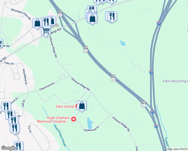 map of restaurants, bars, coffee shops, grocery stores, and more near 700 Johnson Ridge Road in Elkin