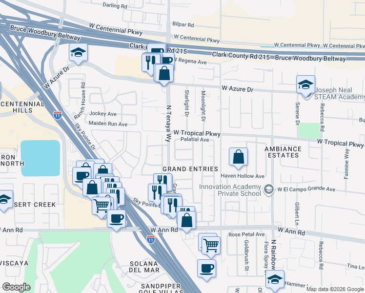 map of restaurants, bars, coffee shops, grocery stores, and more near 7233 London Bridge Avenue in Las Vegas