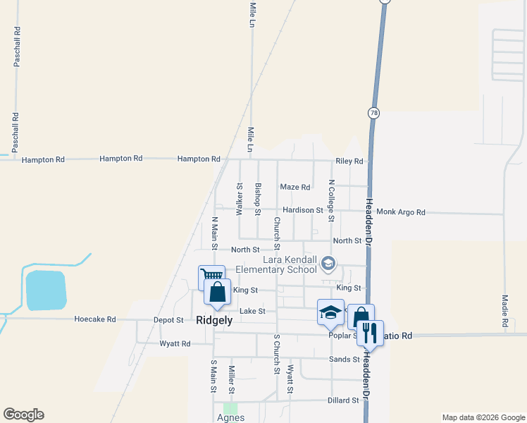 map of restaurants, bars, coffee shops, grocery stores, and more near 431 Church Street in Ridgely