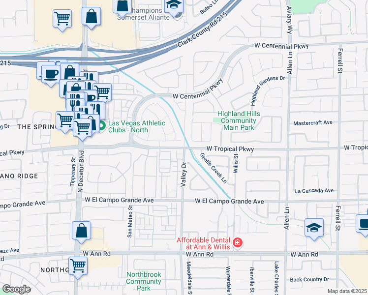 map of restaurants, bars, coffee shops, grocery stores, and more near W Tropical Pkwy & Valley Dr in North Las Vegas