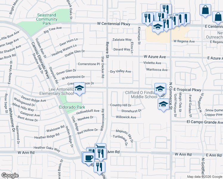 map of restaurants, bars, coffee shops, grocery stores, and more near 5933 Forest Creek Road in North Las Vegas