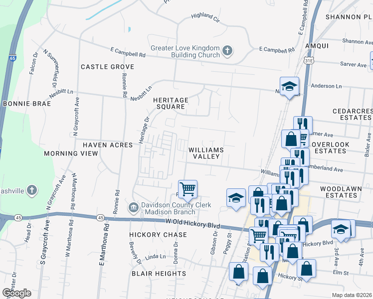 map of restaurants, bars, coffee shops, grocery stores, and more near 320 Walker Terrace in Nashville