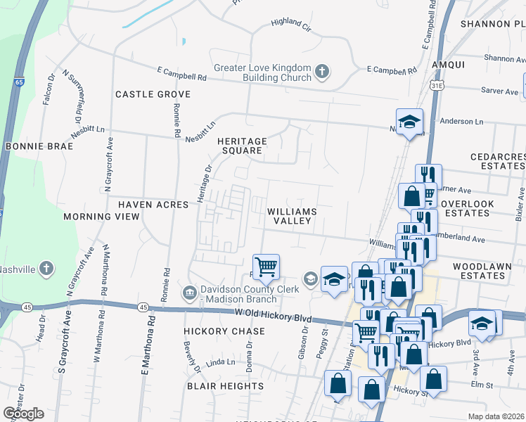 map of restaurants, bars, coffee shops, grocery stores, and more near 320 Walker Terrace in Nashville