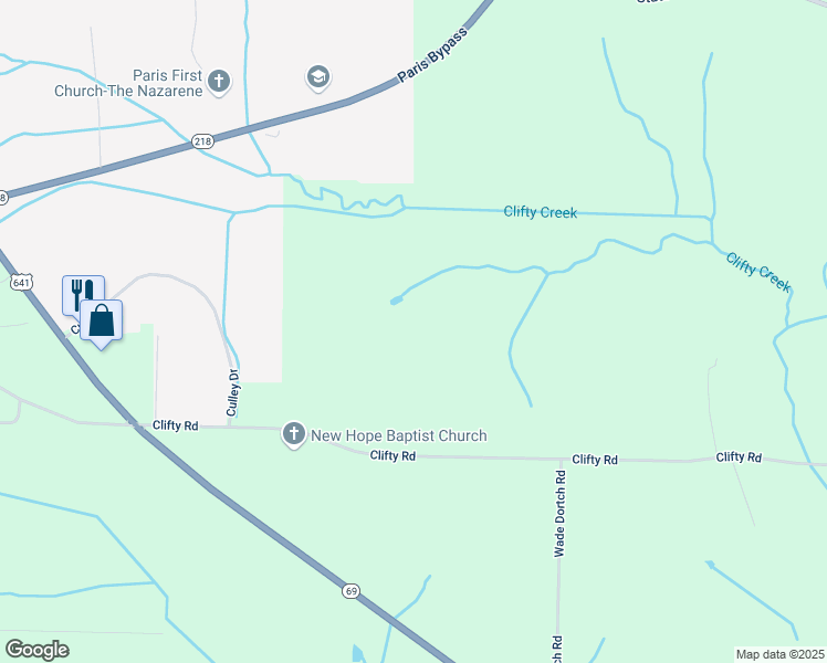 map of restaurants, bars, coffee shops, grocery stores, and more near 1425 Clifty Rd in Paris
