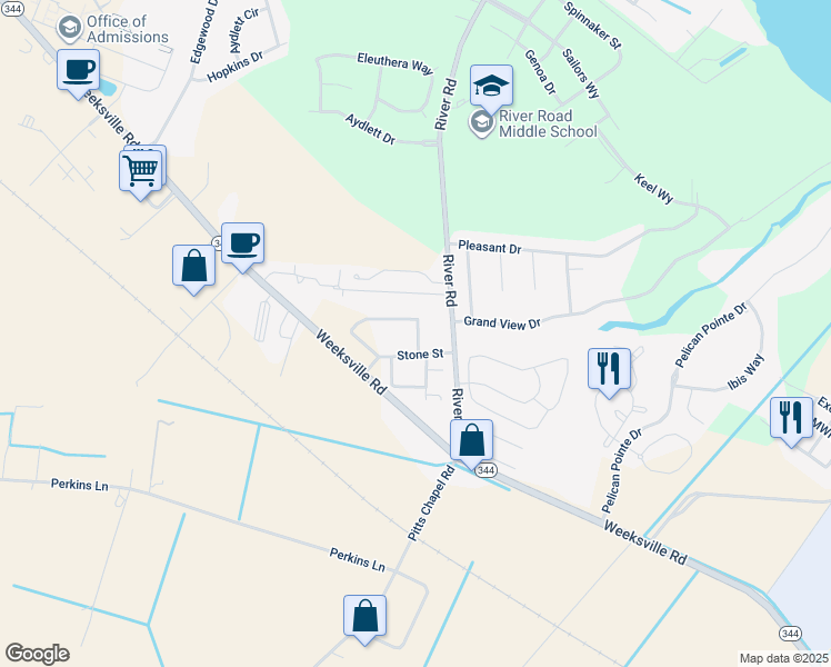 map of restaurants, bars, coffee shops, grocery stores, and more near Stone Street in Elizabeth City