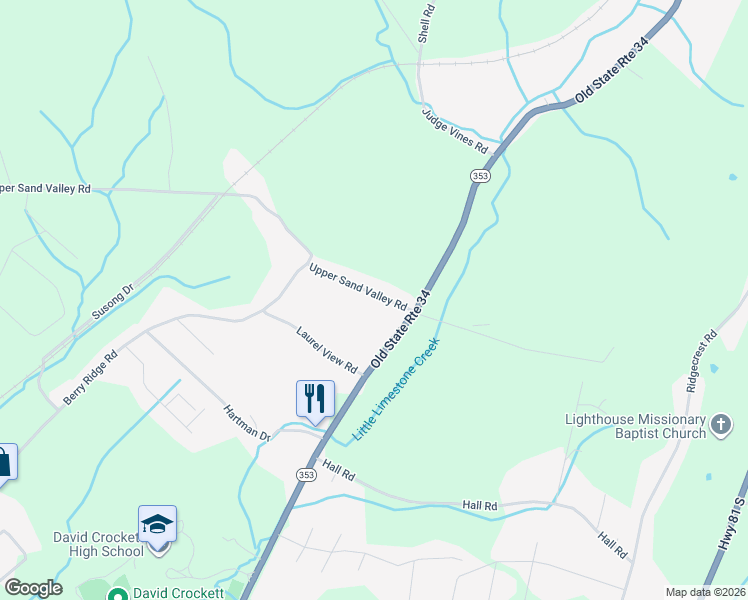 map of restaurants, bars, coffee shops, grocery stores, and more near 535 Upper Sand Valley Road in Jonesborough