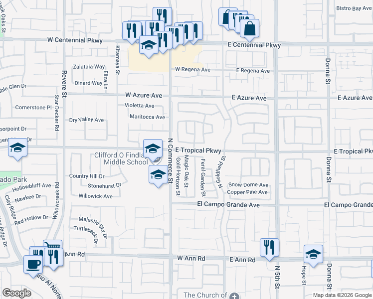 map of restaurants, bars, coffee shops, grocery stores, and more near E Tropical Pkwy & Magic Oak St in North Las Vegas