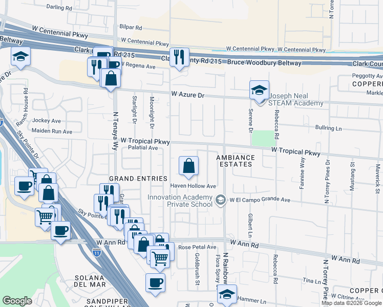 map of restaurants, bars, coffee shops, grocery stores, and more near 6821 West Beach Nest Avenue in Las Vegas