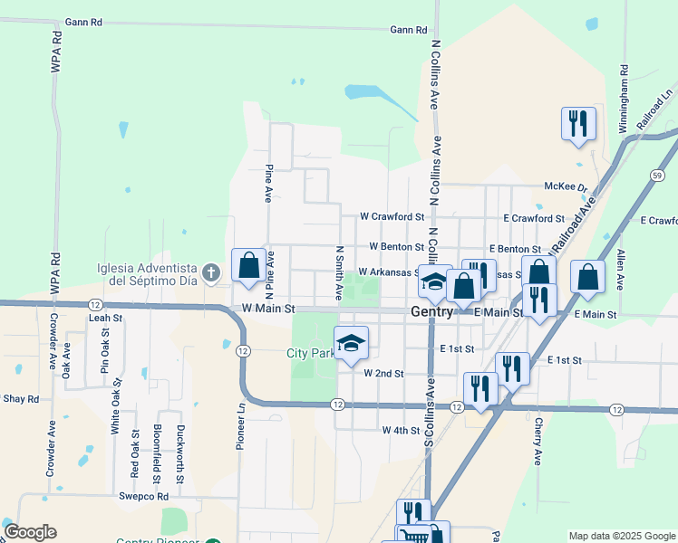map of restaurants, bars, coffee shops, grocery stores, and more near 109 North Smith Avenue in Gentry