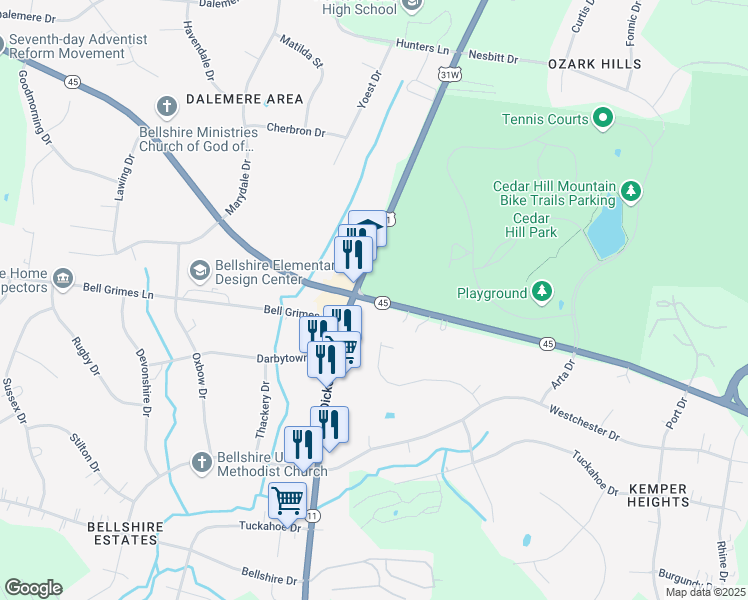 map of restaurants, bars, coffee shops, grocery stores, and more near Old Hickory Boulevard in Nashville