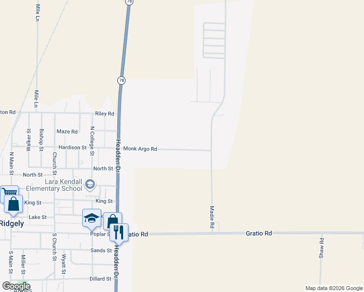 map of restaurants, bars, coffee shops, grocery stores, and more near 305 Monk Argo Road in Ridgely