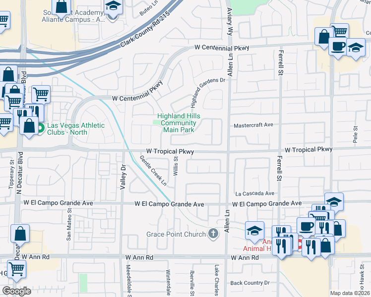 map of restaurants, bars, coffee shops, grocery stores, and more near 3912 Shimmering Creek Avenue in North Las Vegas