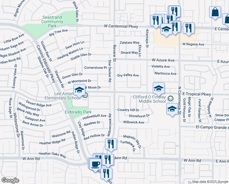 map of restaurants, bars, coffee shops, grocery stores, and more near W Tropical Pkwy & Revere St in North Las Vegas