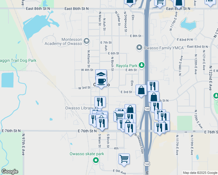 map of restaurants, bars, coffee shops, grocery stores, and more near 205 East 2nd Street in Owasso