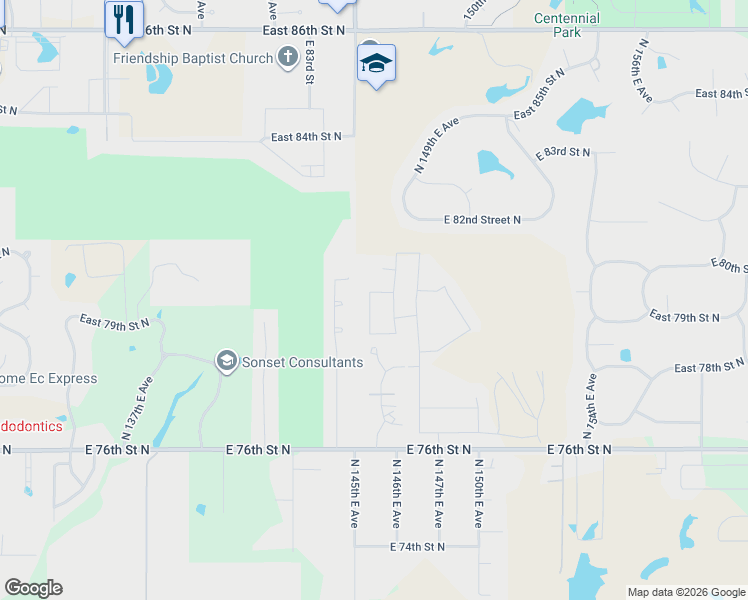 map of restaurants, bars, coffee shops, grocery stores, and more near 7817 North 144th East Avenue in Owasso