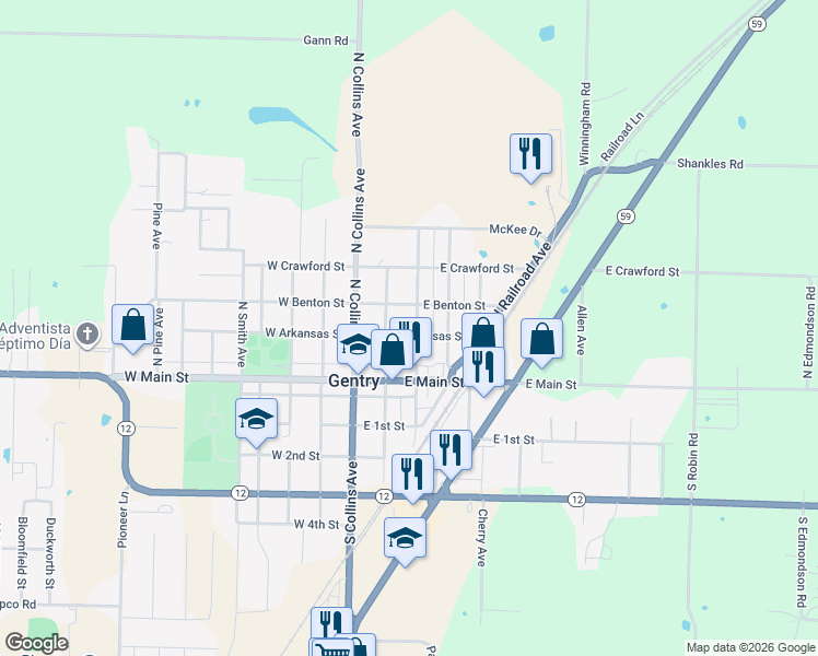map of restaurants, bars, coffee shops, grocery stores, and more near 201 North Nelson Avenue in Gentry