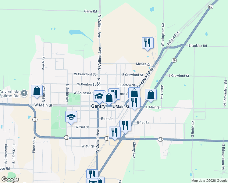 map of restaurants, bars, coffee shops, grocery stores, and more near 201 North Nelson Avenue in Gentry
