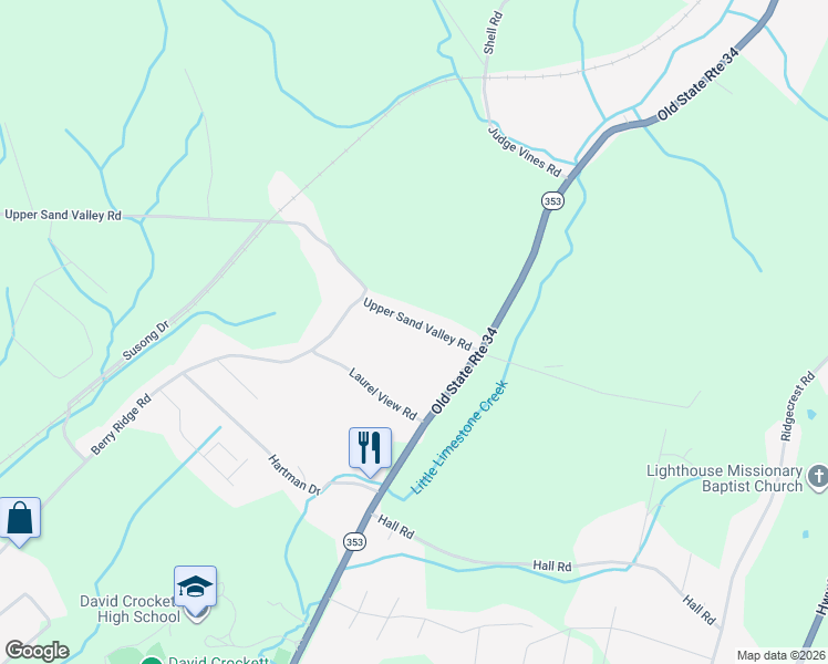 map of restaurants, bars, coffee shops, grocery stores, and more near 535 Upper Sand Valley Road in Jonesborough
