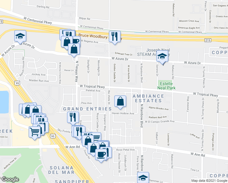 map of restaurants, bars, coffee shops, grocery stores, and more near 5966 Rio Vista Street in Las Vegas