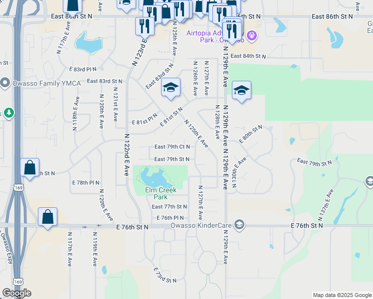 map of restaurants, bars, coffee shops, grocery stores, and more near 12502 East 79th Court North in Owasso