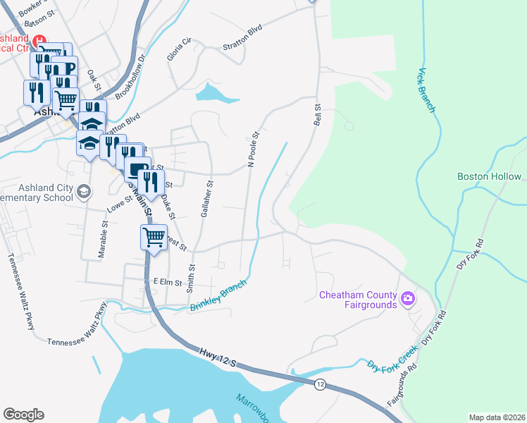 map of restaurants, bars, coffee shops, grocery stores, and more near 111 1/2 North Poole Street in Ashland City
