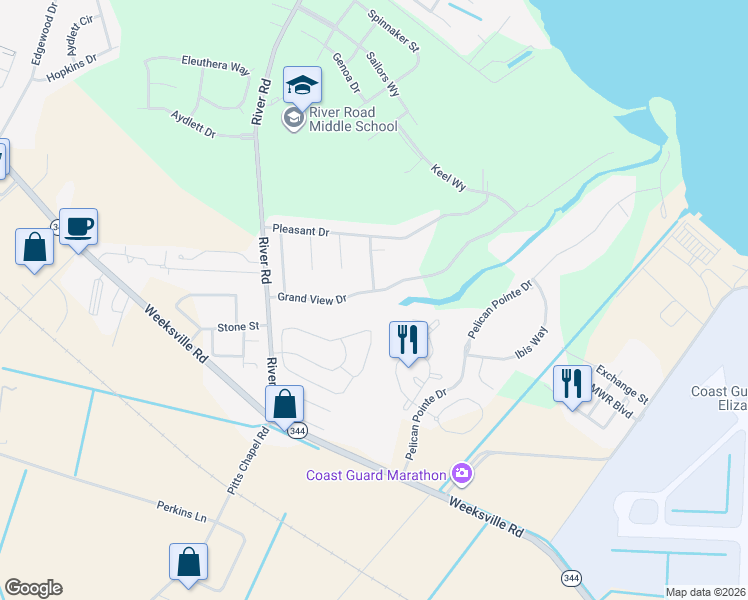 map of restaurants, bars, coffee shops, grocery stores, and more near 204 Grand View Drive in Elizabeth City