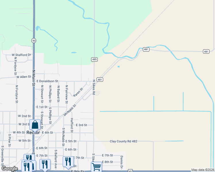 map of restaurants, bars, coffee shops, grocery stores, and more near 329 North Sikes Road in Rector