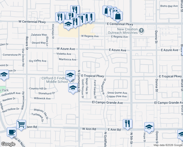 map of restaurants, bars, coffee shops, grocery stores, and more near 125 Icy River Avenue in North Las Vegas
