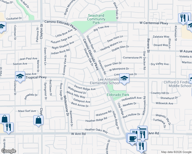 map of restaurants, bars, coffee shops, grocery stores, and more near 6035 Shadow Oak Drive in North Las Vegas