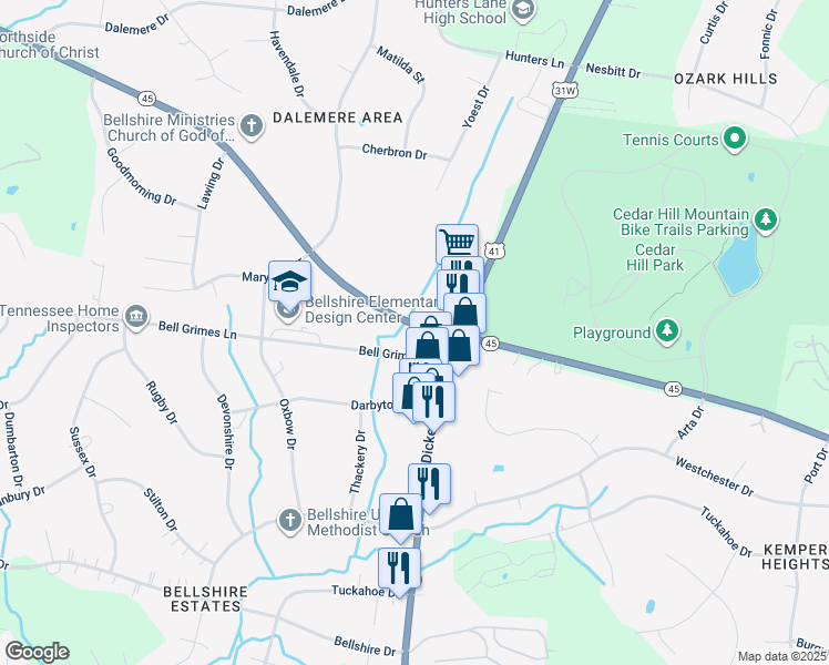 map of restaurants, bars, coffee shops, grocery stores, and more near 1125 Old Hickory Boulevard in Nashville